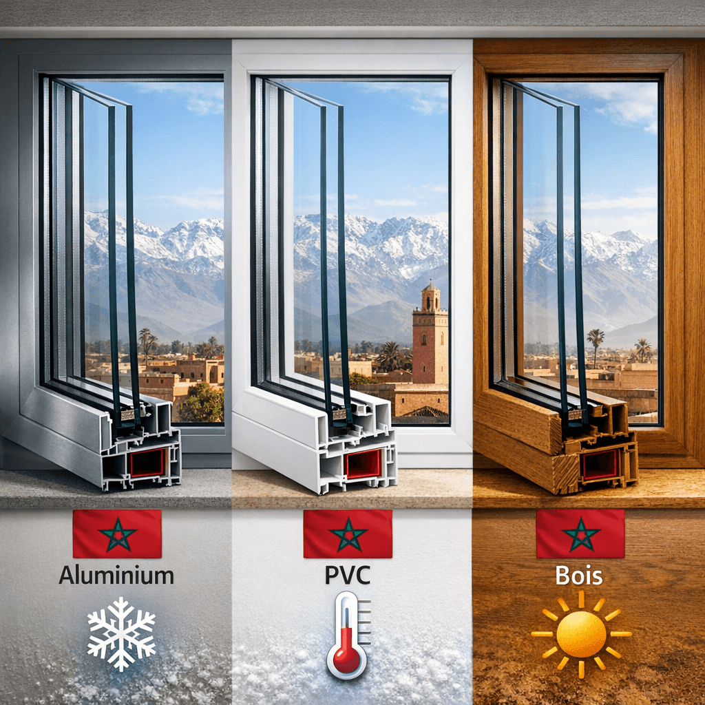Comparison of aluminum, PVC, and wood window frames showing their insulation impact in different Moroccan climates.