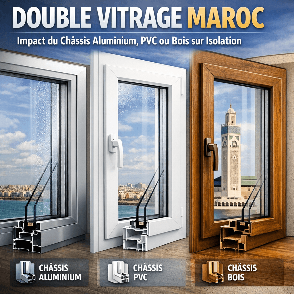 Comparison of aluminum, PVC, and wood double glazing window frames impacting insulation in Morocco.