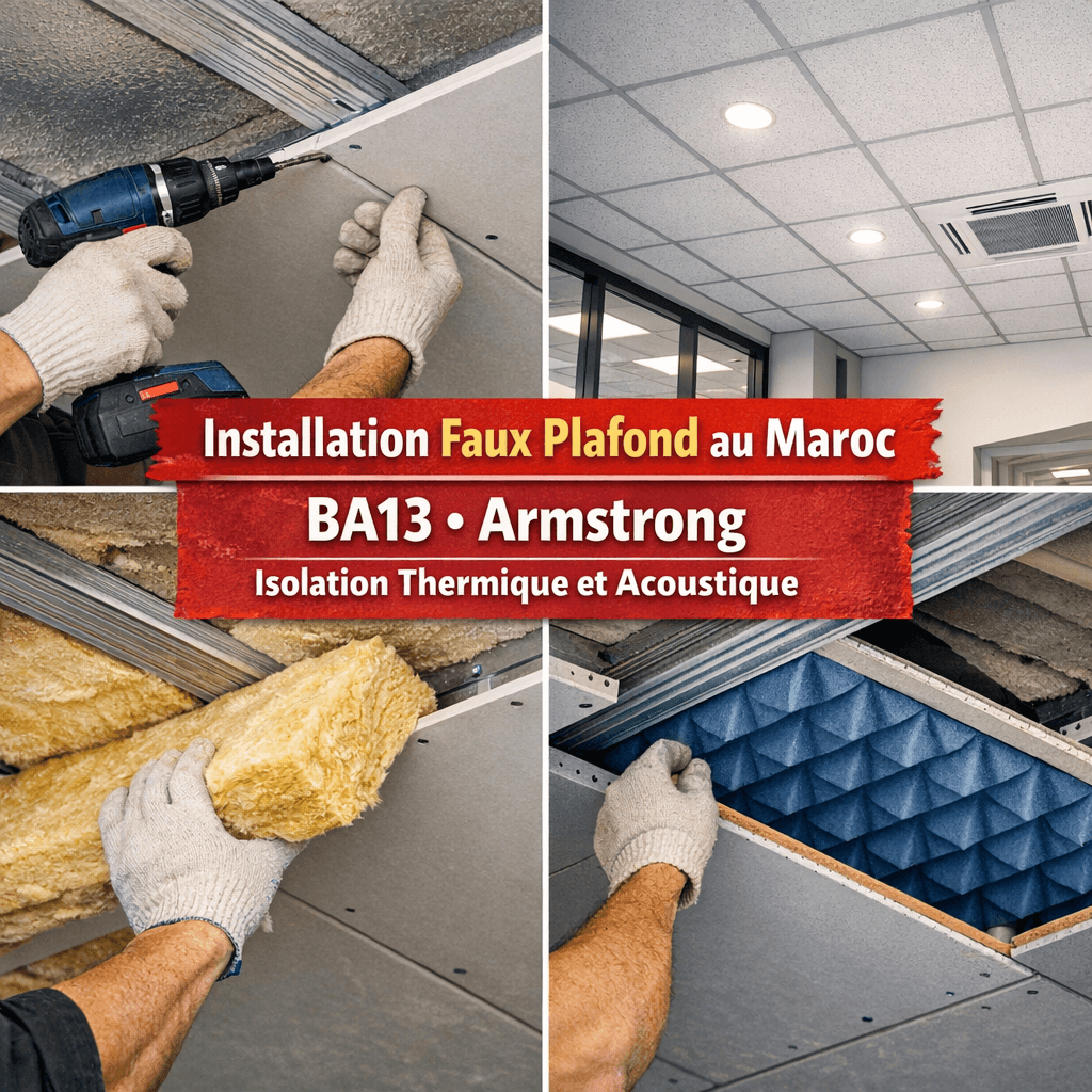 Installation de faux plafond BA13 et Armstrong avec isolation thermique et acoustique au Maroc.