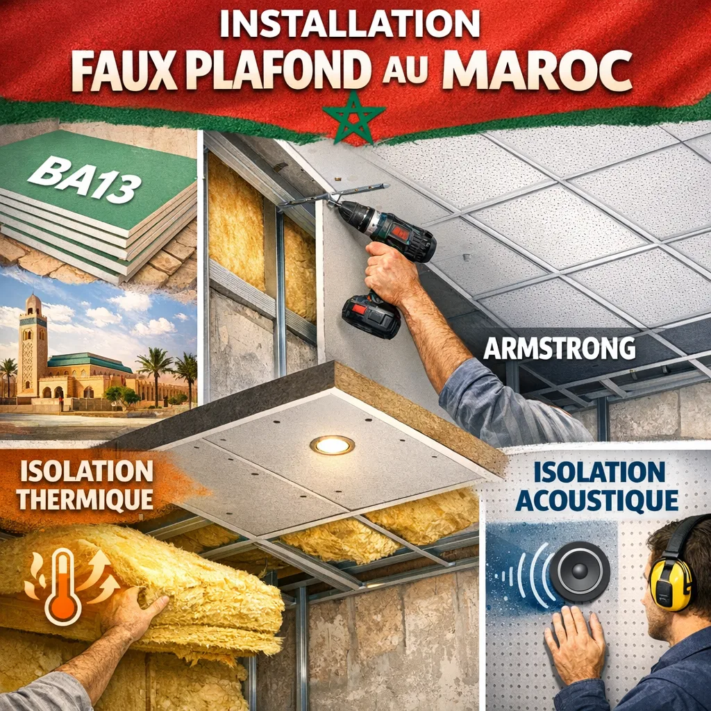 Installation de faux plafond BA13 et Armstrong au Maroc avec isolation thermique et acoustique.