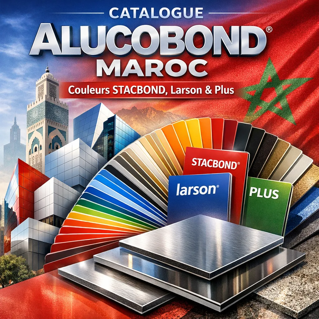 Catalogue Alucobond Maroc displaying vibrant STACBOND, Larson & Plus color samples for aluminum composite panels.