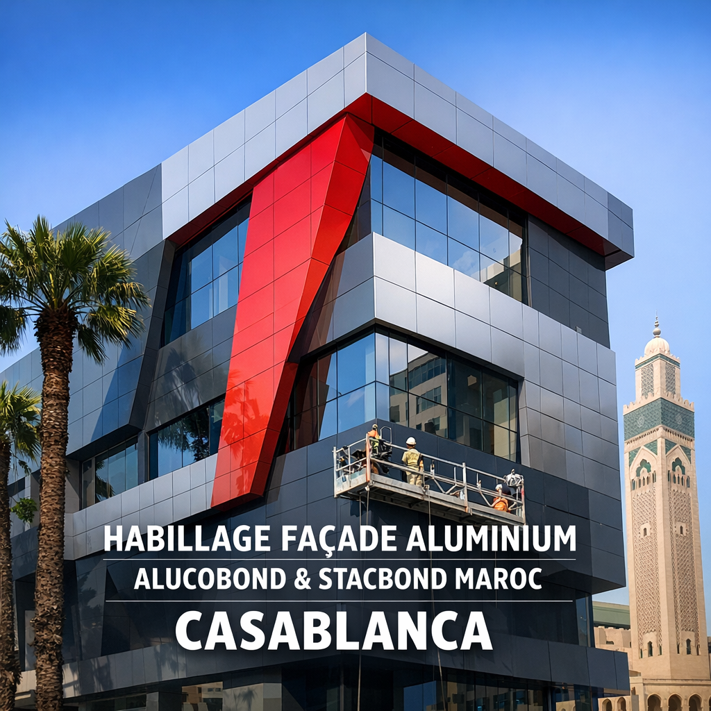 Modern commercial building in Casablanca with sleek Alucobond aluminum façade installation by Stacbond Maroc.