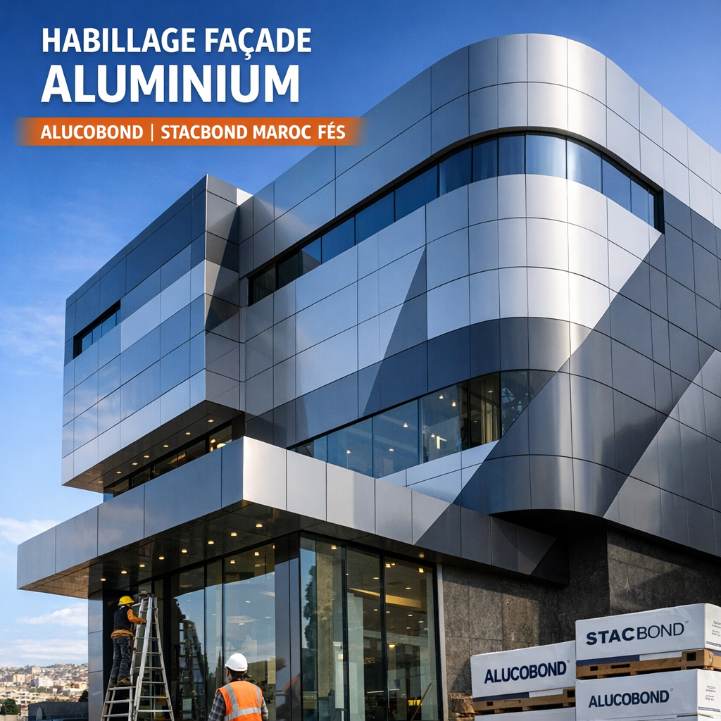 Modern commercial building in Fès with sleek aluminum Alucobond facade cladding by Stacbond Maroc.