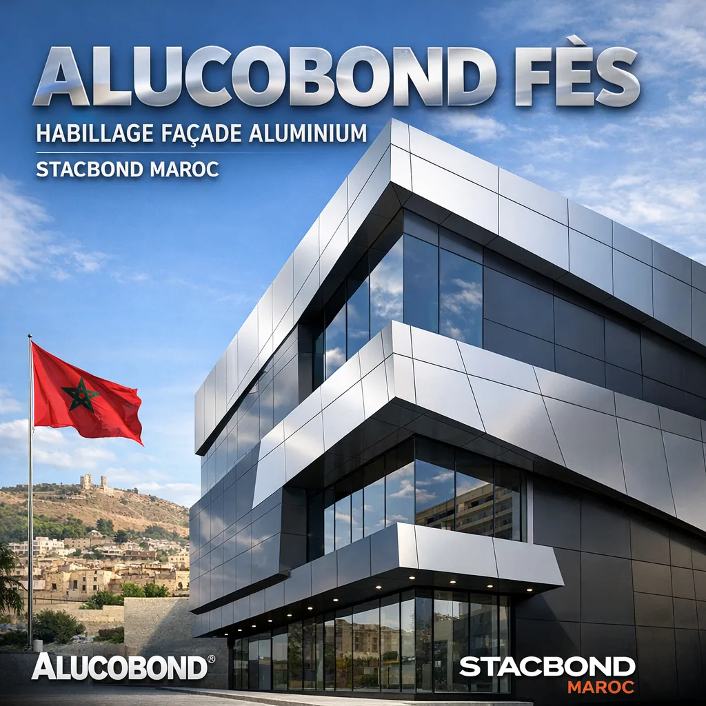 Modern building facade in Fès featuring sleek aluminum Alucobond cladding by Stacbond Maroc.