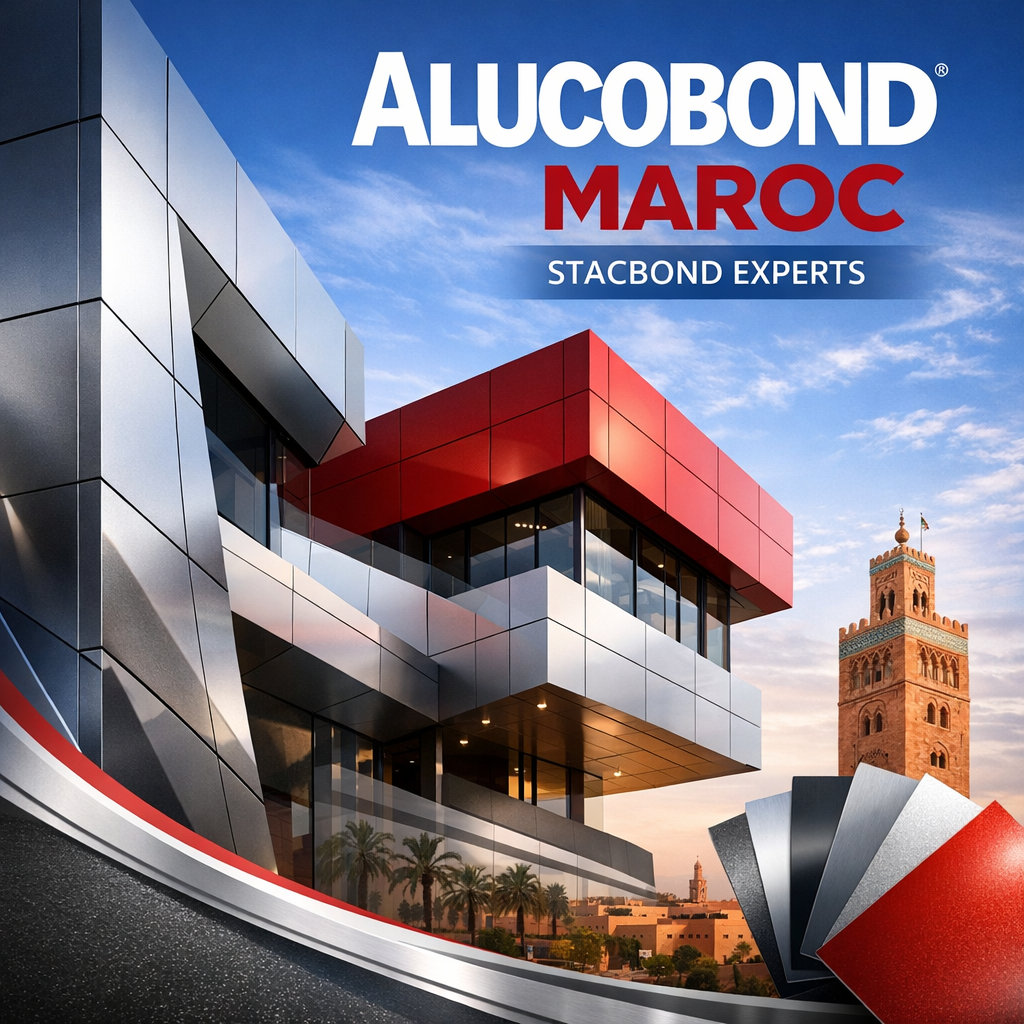Modern building facade clad in sleek Alucobond Maroc aluminum panels with a Moroccan cityscape in the background.