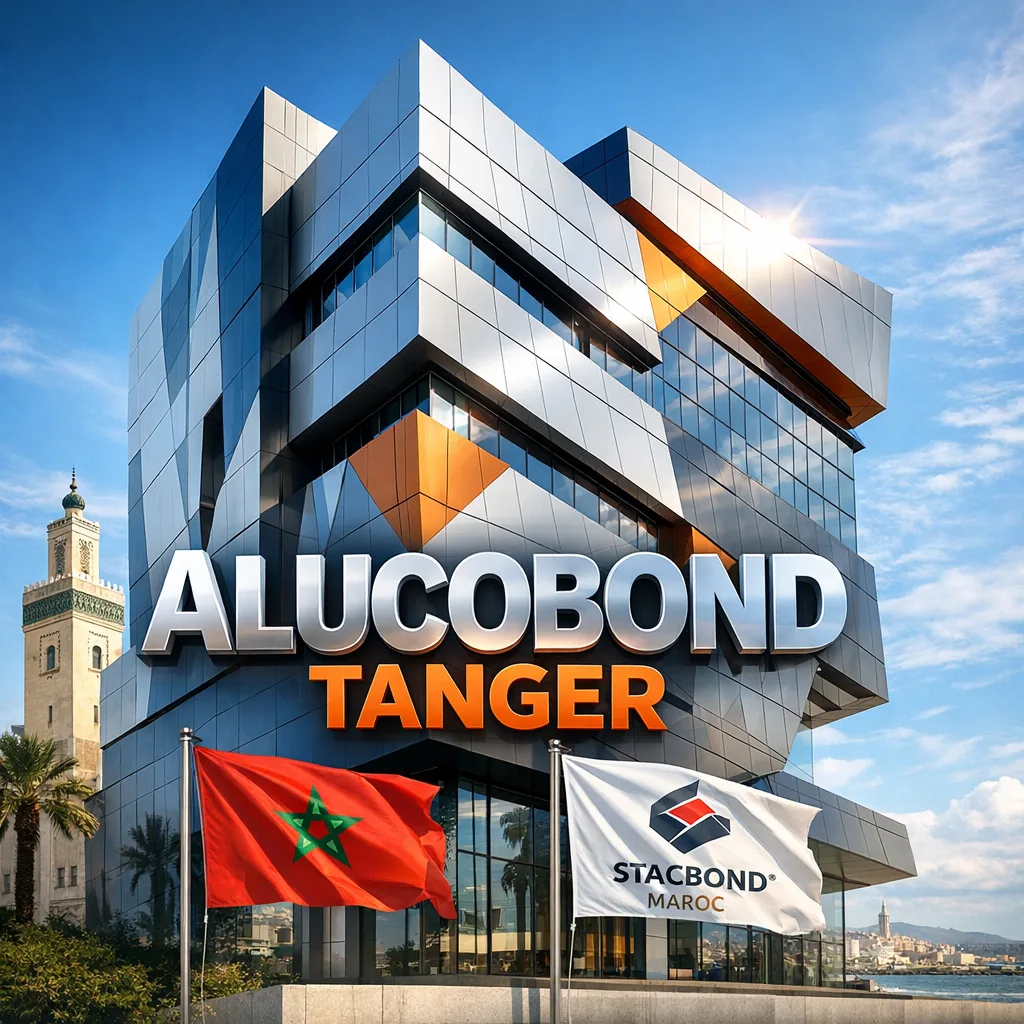 Modern building in Tangier clad with Alucobond aluminum panels, featuring Moroccan and Stacbond flags.
