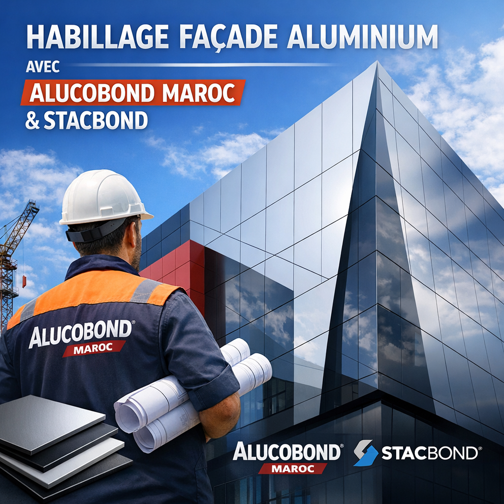 Modern building facade clad with sleek aluminum panels by Alucobond Maroc and Stacbond, showcasing durable architectural desi