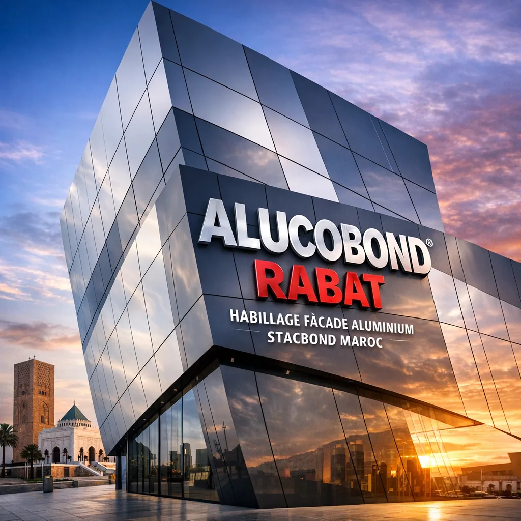 Modern building facade clad with aluminum panels featuring Alucobond Rabat branding at sunset.