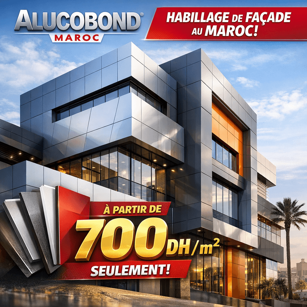 Modern building facade clad with Alucobond panels in Morocco, price starting at 700 DH per square meter.