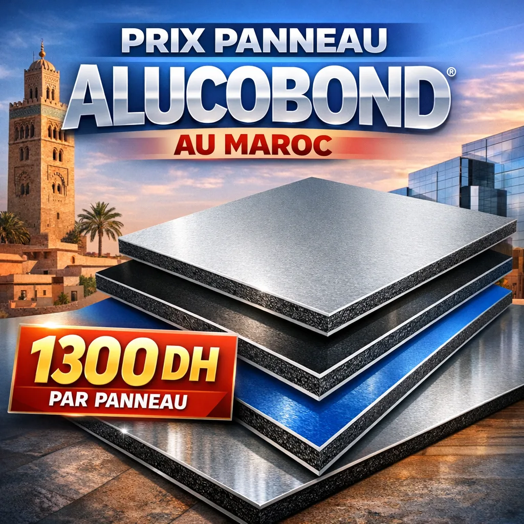 Stack of Alucobond aluminum composite panels displayed, priced at 1300 DH each in Morocco.