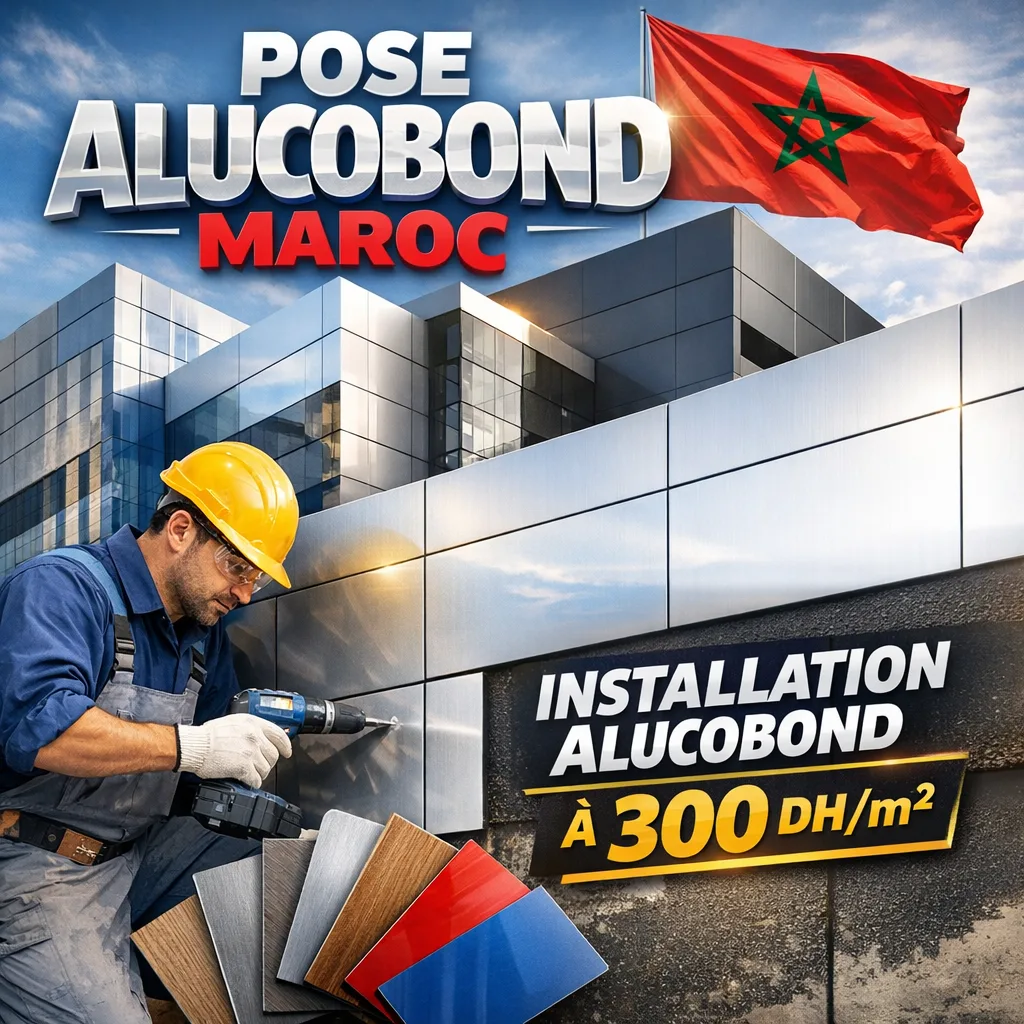 Technician installing Alucobond panels on a building facade in Morocco, price 300 DH/m² indicated.
